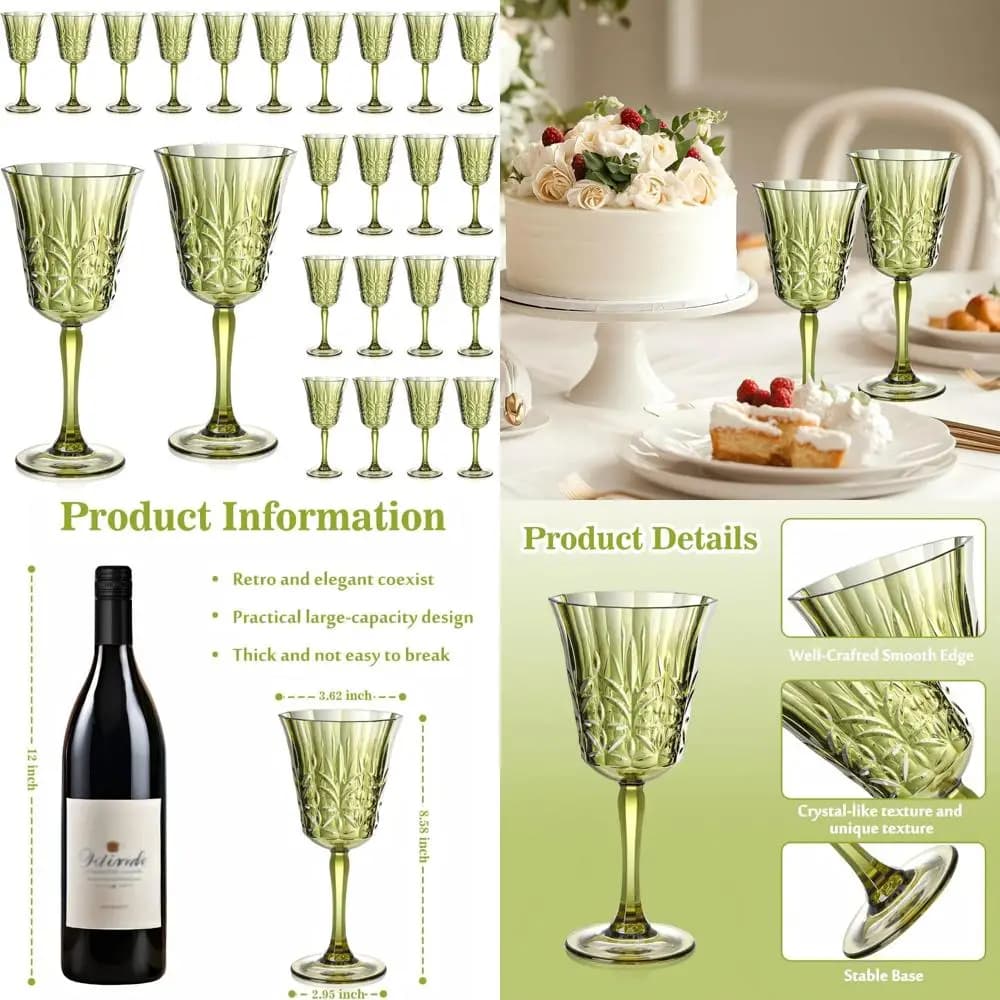 Set di 12 calici da vino in plastica verde riutilizzabili infrangibili da 10 once per matrimoni ed eventi