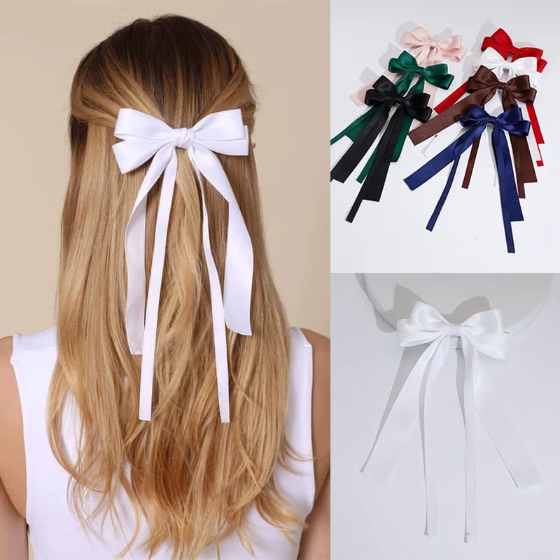 Lystrfac Korean Solid Color Ribbon Double Bowknot Hair Clips for Women Girls Big Bow Long Tassel Barrettes Hair Accessories