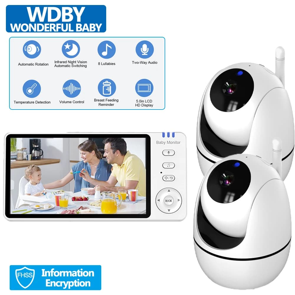 Monitor Video per Bambini LCD da 5 Pollici con 2 Telecamere, Funzione Zoom, Sensore di Temperatura, Ninna Nanna, Audio Bidirezionale, Telecamera di Sorveglianza per Bambini