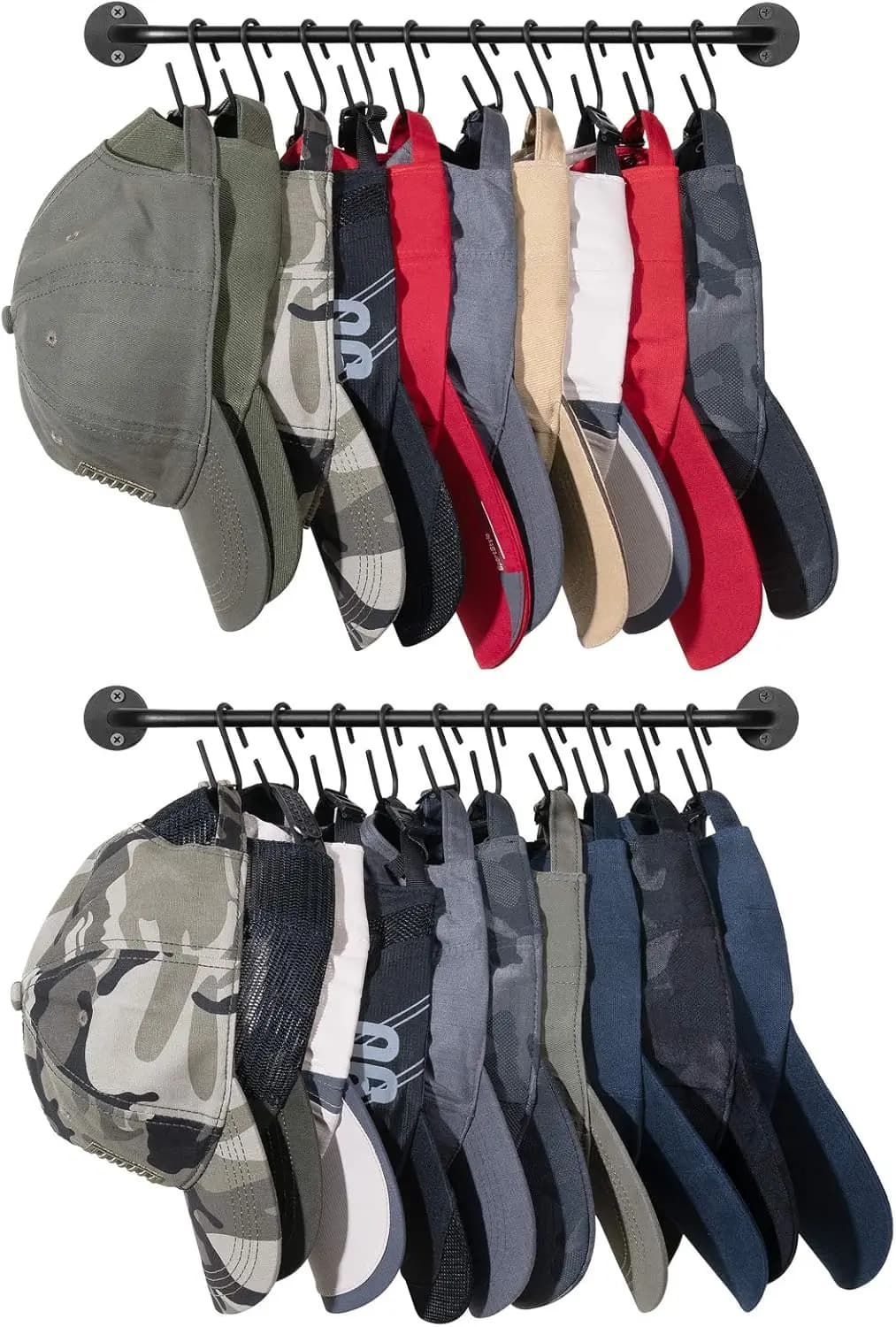 Portacappelli da parete per 20 cappelli, ganci regolabili, robusto organizer in metallo per armadio, camera da letto, ingresso - Set di 2 neri