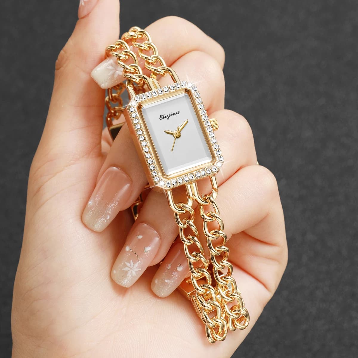 Elegant Rhinestone Women Quartz Watch Gold Chain Bracelet Ladies Dress Wristwatches Relogio Feminino (Without Box)
