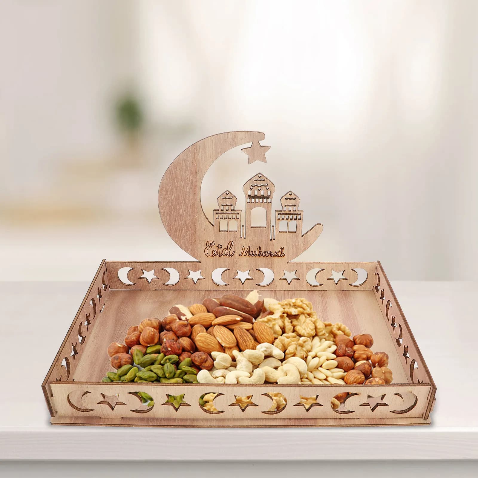 Wood Serving Tray Eid Themed Dessert Plate Ramadan Snacks Container for Dried Fruits Candies Picnic Party Home Decor