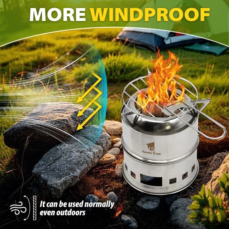 Mini Portable Wood Stove for Camping, Lightweight and Folding Stainless Steel, Windproof, Camping Kitchen Equipment