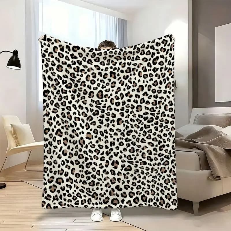 VIKAMA Cream Leopard Print Flannel Throw Blanket Classic Animal Pattern Soft Warm Sofa Bedroom Home Decor Gift