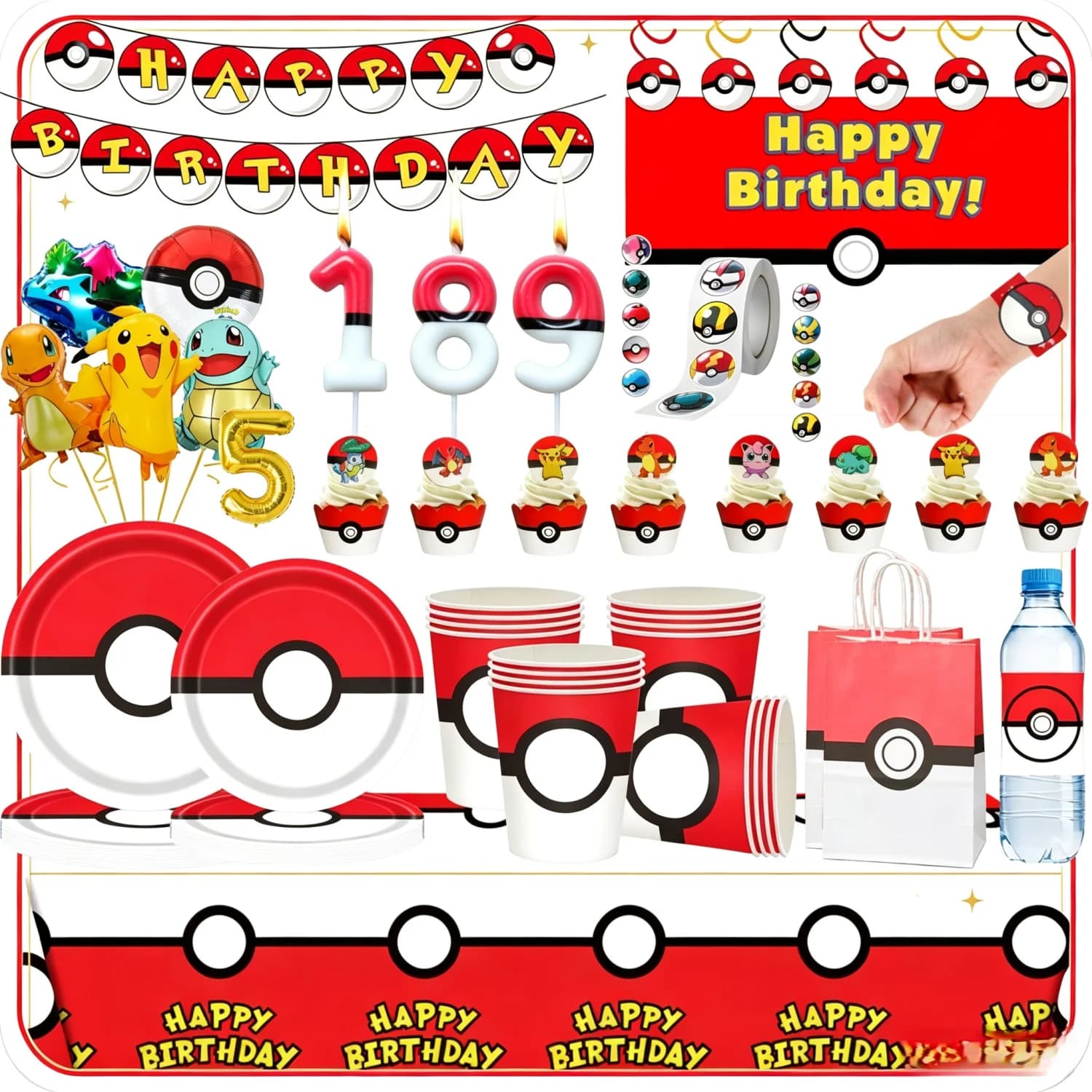 Pokeball Birthday Party Decoration Tableware Plate Cup Tablecloth Gift Bag Balloons Baby Shower Pokeball Party Favors Supplies