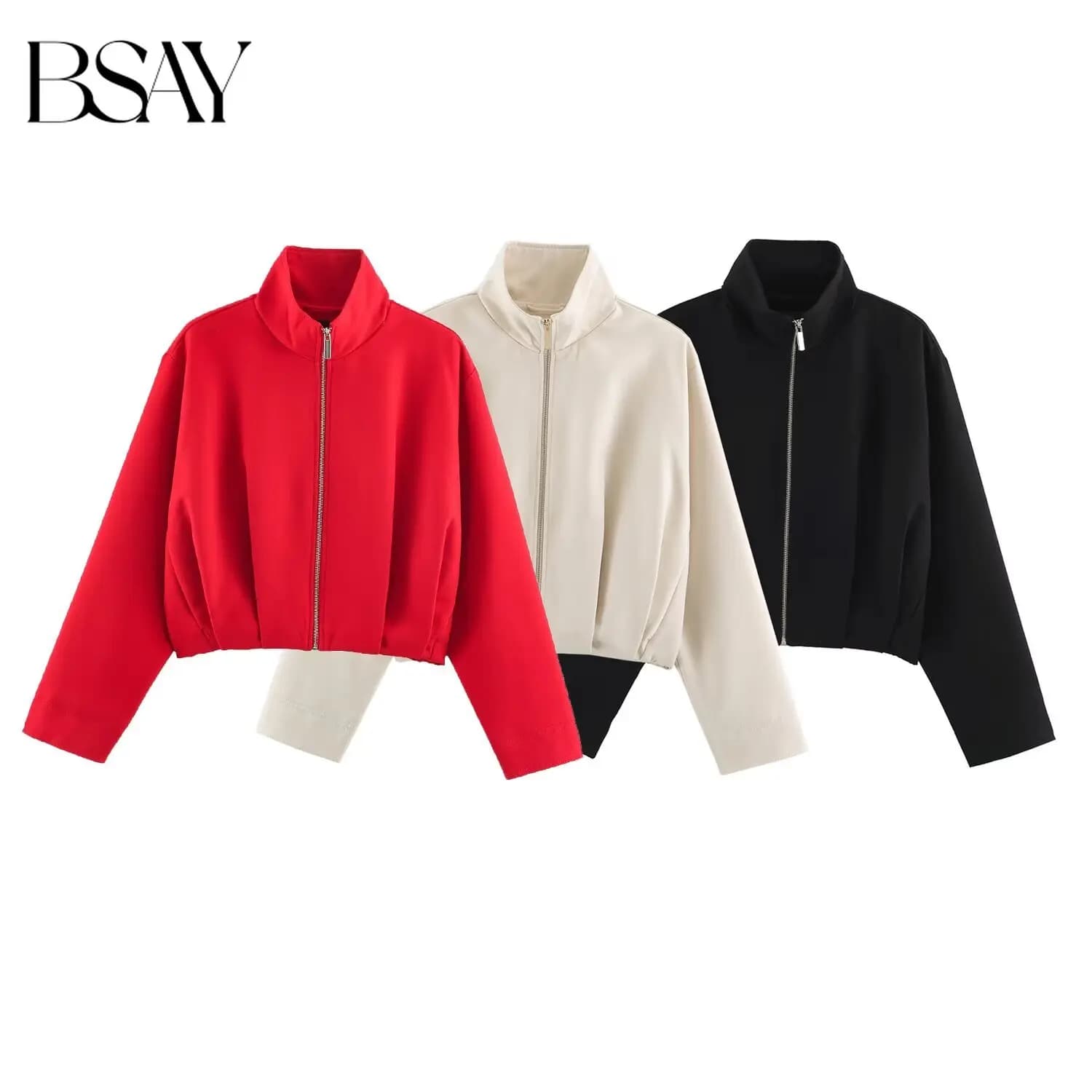 BSAY 2026 Street Hip Hop Women Stand Collar Zip Cropped Bomber Jacket Pleated Detail Long Sleeve Loose Casual Cropped Outerwear