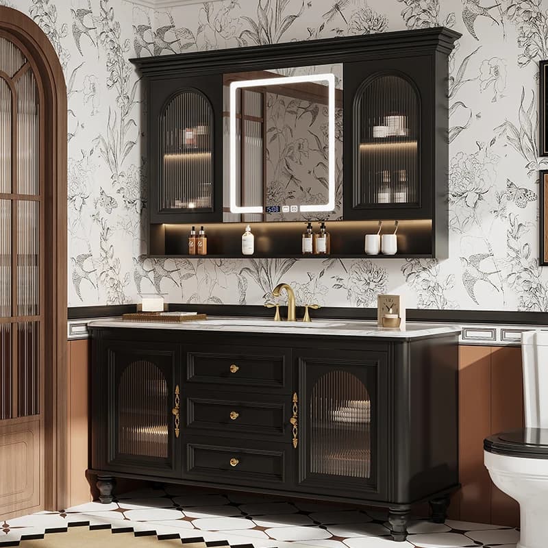 Mobiletto da bagno nero di lusso Mobiletto da bagno moderno europeo intelligente con specchio stretto Lavandino alto Meuble Salle De Bain