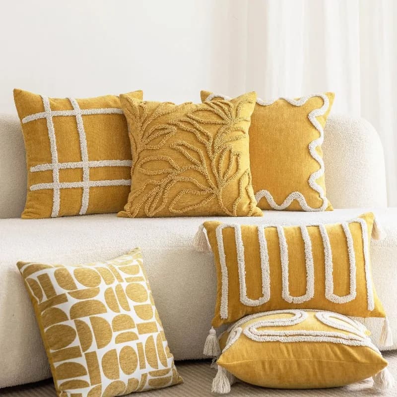 Yellow Chenille Cushion Cover Handmade Loop Tuft Textured Throw Pillow Cover with Tassels Boho Modern Pillowcase for Home Sofa