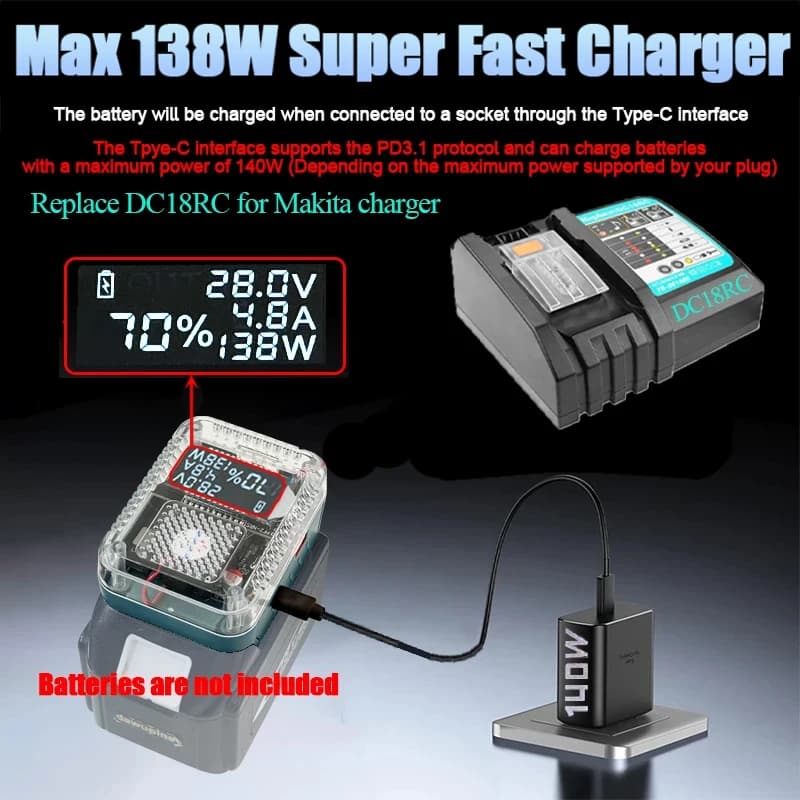 Convertitore adattatore batteria agli ioni di litio con display digitale per Makita Per DeWalt Per Milwaukee Caricatore USB Tipo-C Power Bank DCB094