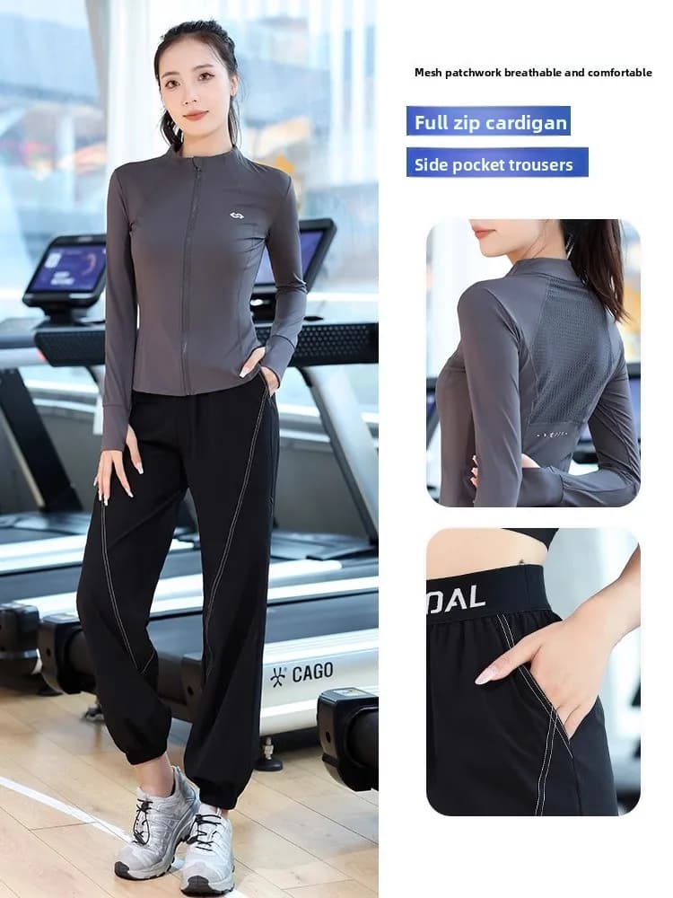 Women's sports complex Spring Autumn 2024: Running and training suit with long sleeves, long trousers and rope jump set