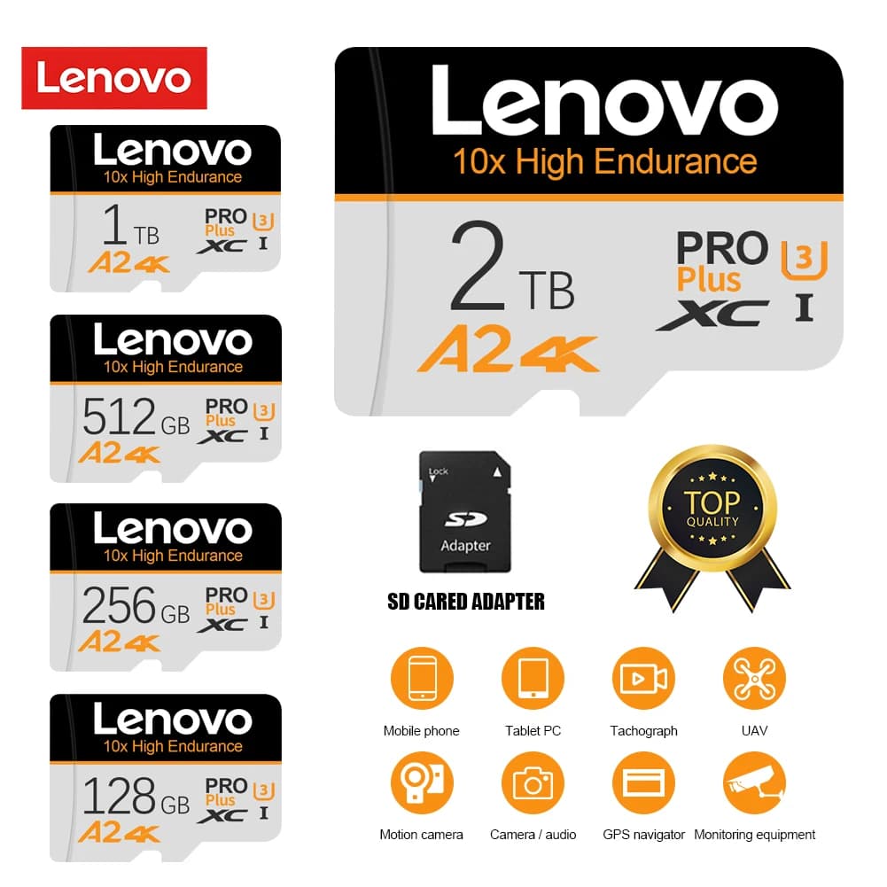 Schede Micro SD Lenovo ad Alta Velocità, Schede TF Resistenti all'Acqua, Memoria 128GB/64GB/256GB/512GB, Essenziali per Registrazioni con Dash Cam
