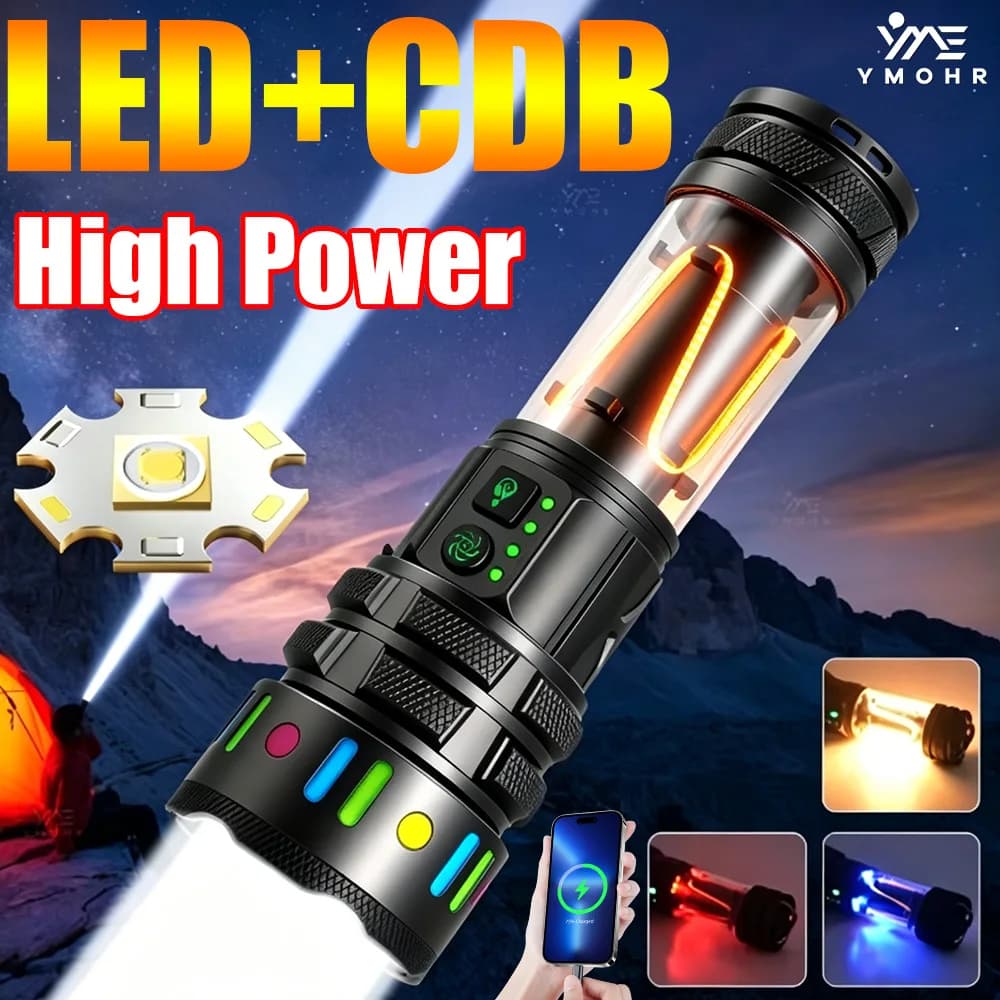 COB LED Flashlight Type-C Rechargeable Torch Long Range Tactical Lamp High Power LED Flashlights Outdoor Camping Fishing Lantern