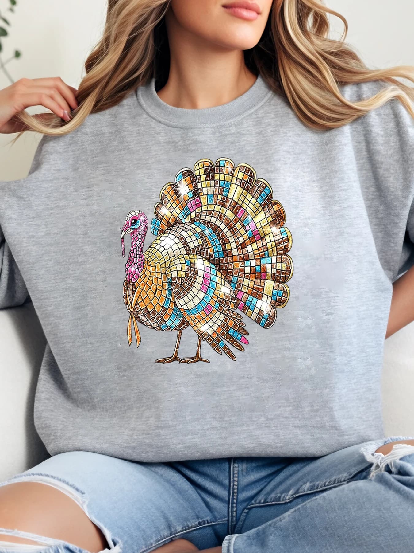 Crew neck sweatshirt for Thanksgiving with print Turkey mosaic woman Clothing casual autumn Grey Strong cuts
