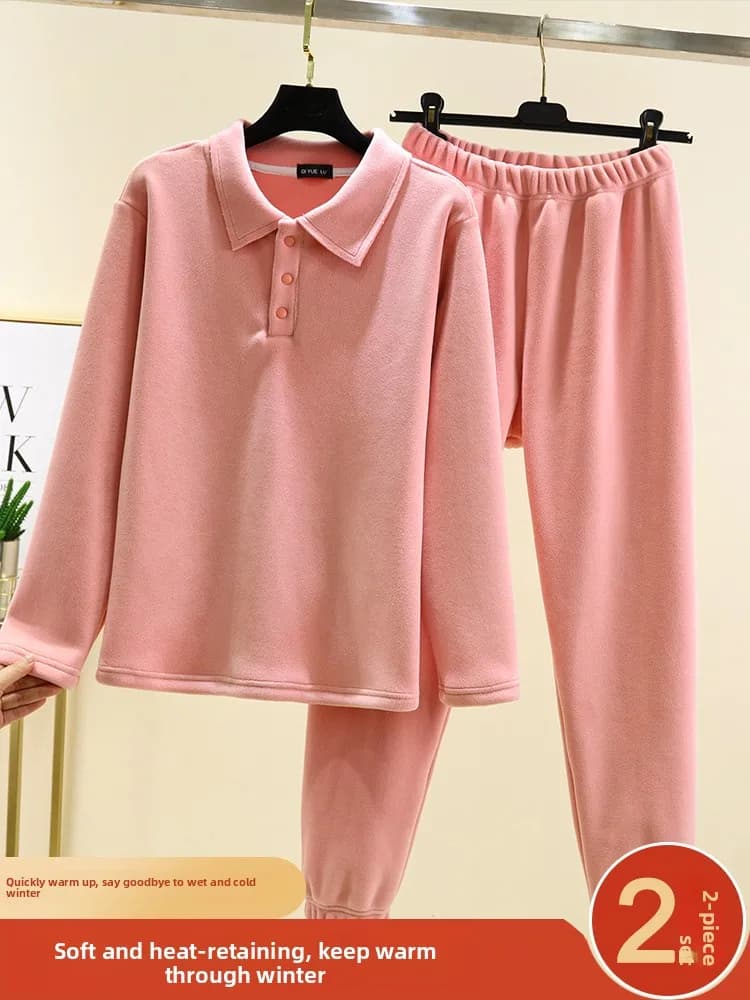 Thickened Fleece Sleepwear Set Women's Winter Long Sleeve Long Pants Home Clothes Two-Piece Set Warm Cozy Loungewear Pajamas
