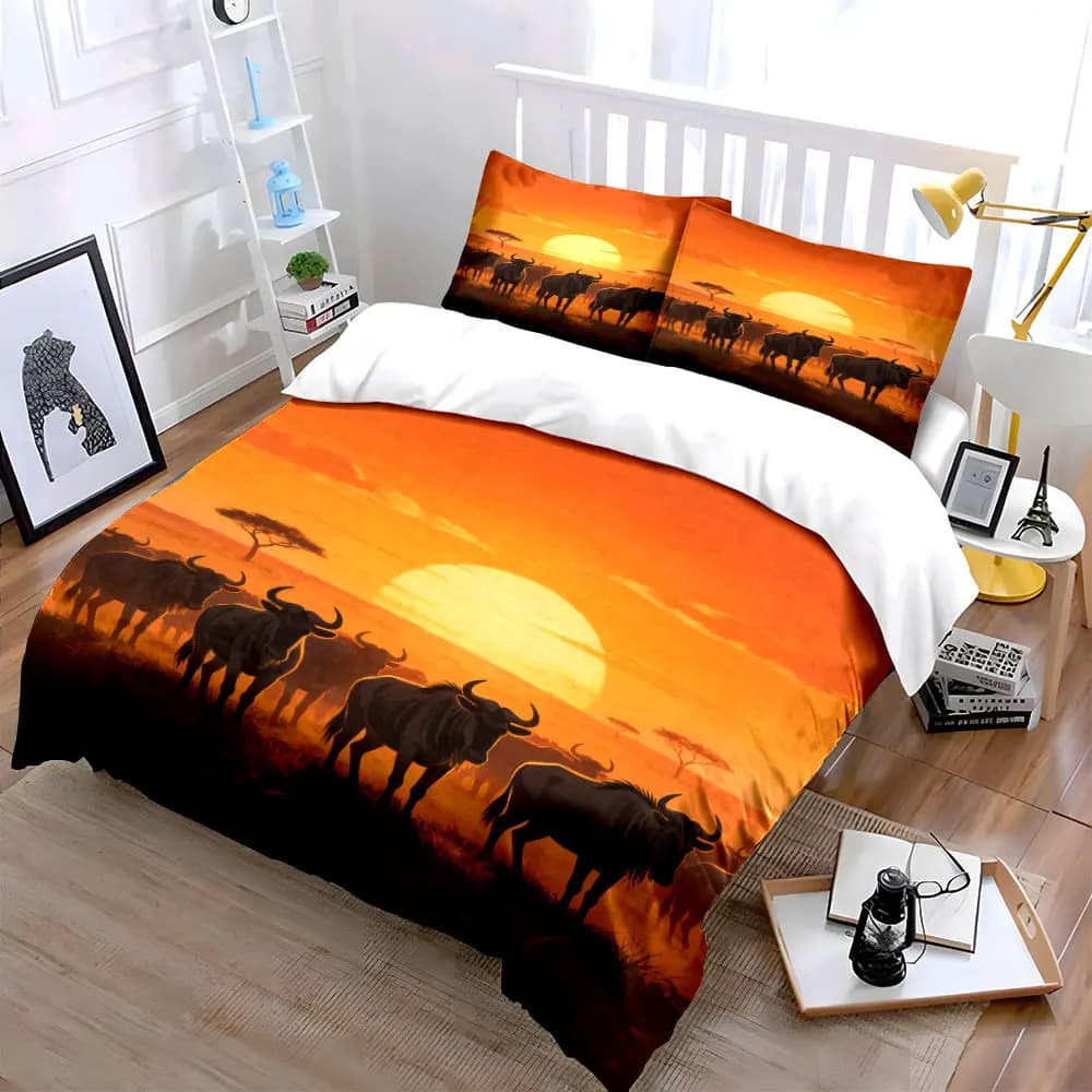 Set di biancheria da letto con copripiumino morbido e confortevole con decorazioni di fauna selvatica del tramonto africano, include 1 copripiumino e 2 federe, regalo
