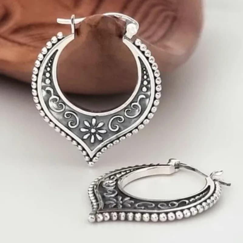 Orecchini Pendenti in Rame Color Argento Stile Etnico da Donna, con Motivo Geometrico Intagliato a Mano, Gioielli Retrò alla Moda