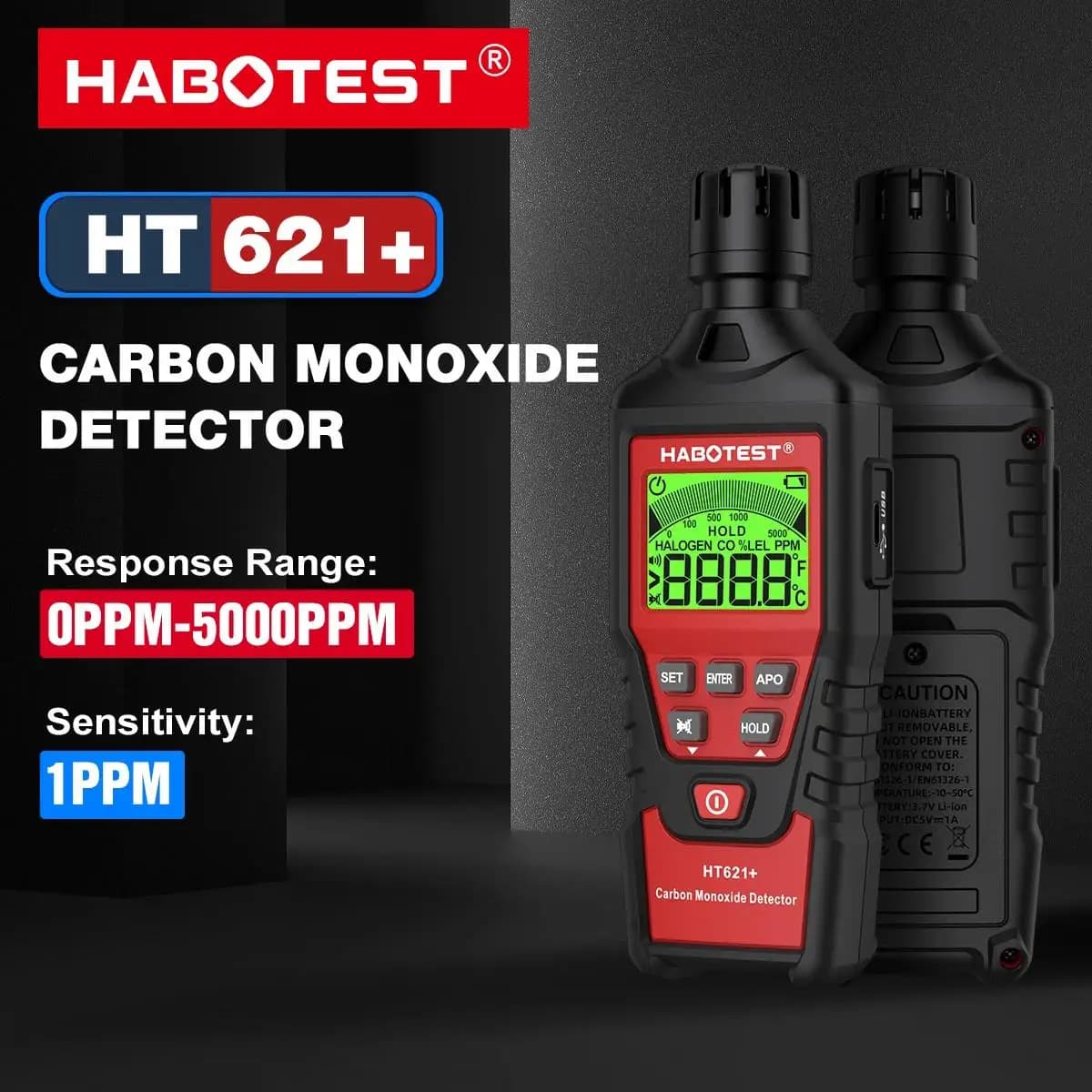 HABOTEST HT621+ Misuratore di monossido di carbonio con tester di gas CO ad alta precisione Monitor Rivelatore Allarme sonoro e luminoso 0~5000 ppm