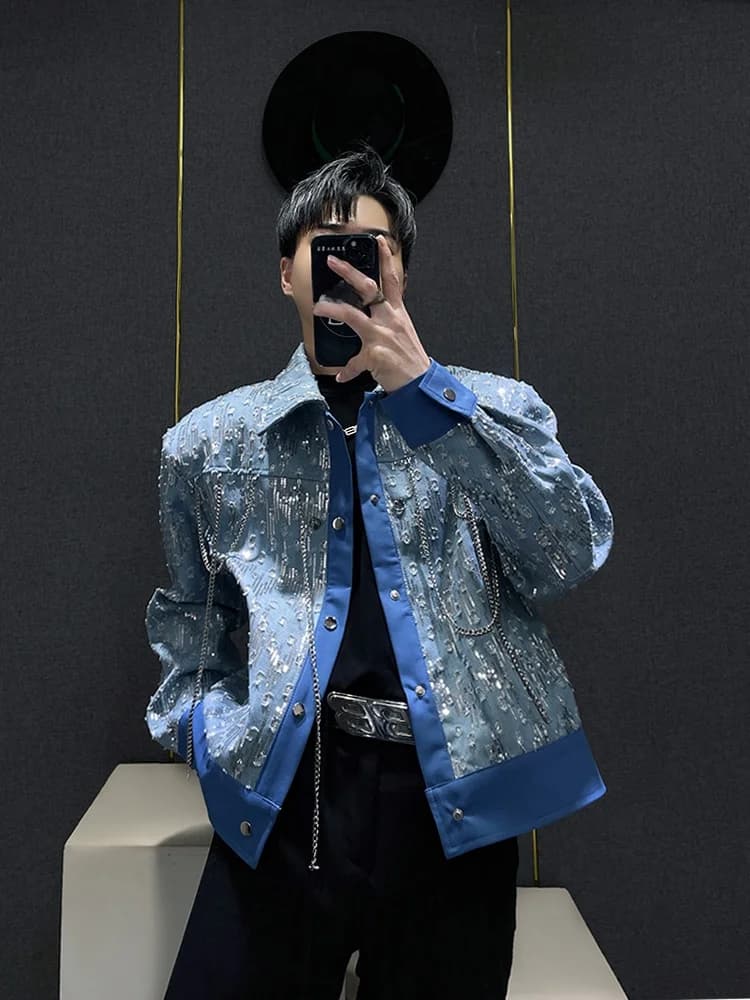 Giacca di jeans blu da uomo, resistente, strappata, con paillettes, spalle larghe, stile corto, primavera autunno, in fibra di poliestere, manica lunga