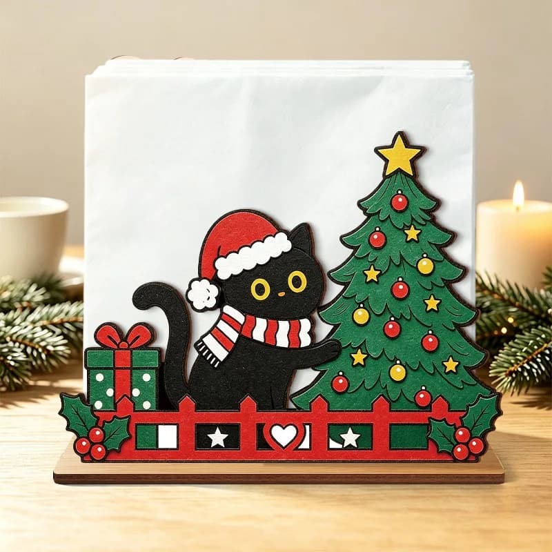Wooden Christmas Napkin Holder Cute Black Cat Santa Hat Xmas Tree Tissue Stand Desktop Table Decor For Dining Party Home Decor