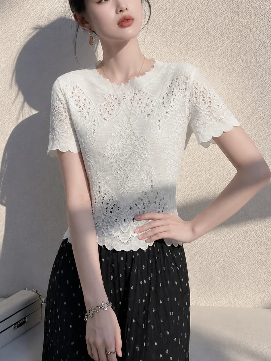 Elegant Hollow out Comfortable Ice Silk Knitted Top Short Sleeve Slimming Fashionable Summer Versatile French Style Women's S...