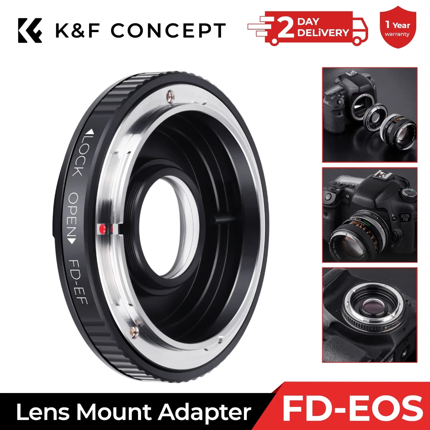 Anello adattatore per obiettivi K&F CONCEPT FD-EF per obiettivi Canon FD FL su fotocamere Canon EF EOS 10D 40D 80D con tappo in vetro, messa a fuoco all'infinito