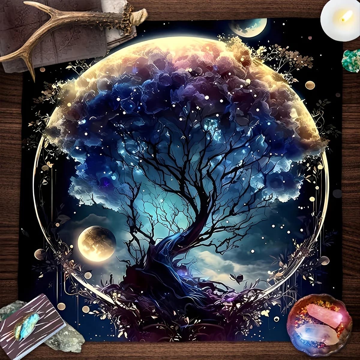 Tappetino da divinazione per stregoneria in tessuto per tarocchi mistici dell'albero della vita per giochi di carte di tarocchi e oracoli, rituali spirituali