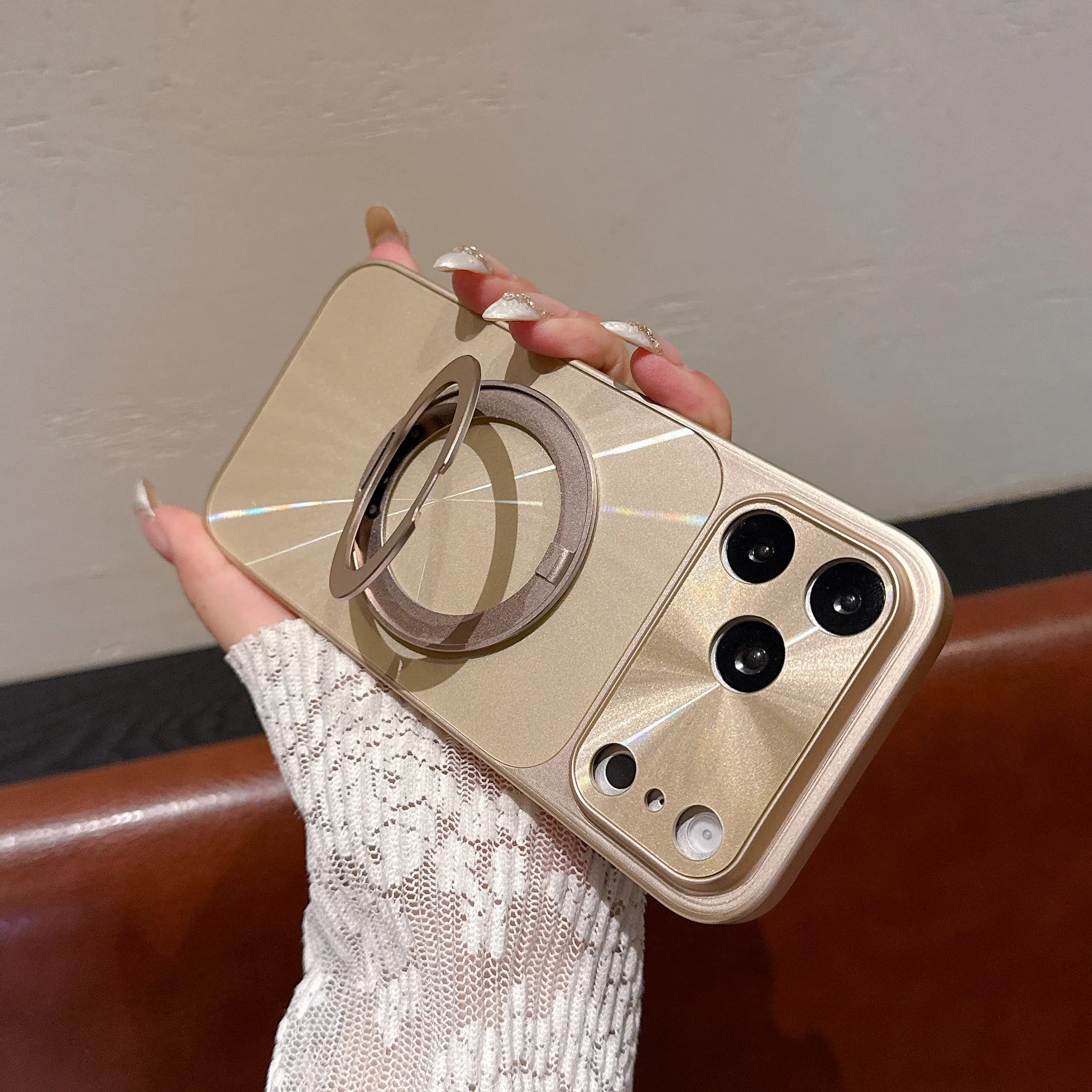 Custodia Magnetica Bling Laser Aurora con Protezione Fotocamera e Supporto per iPhone 17 Air 16 15 PM 14 13 Pro Max compatibile con MagSafe