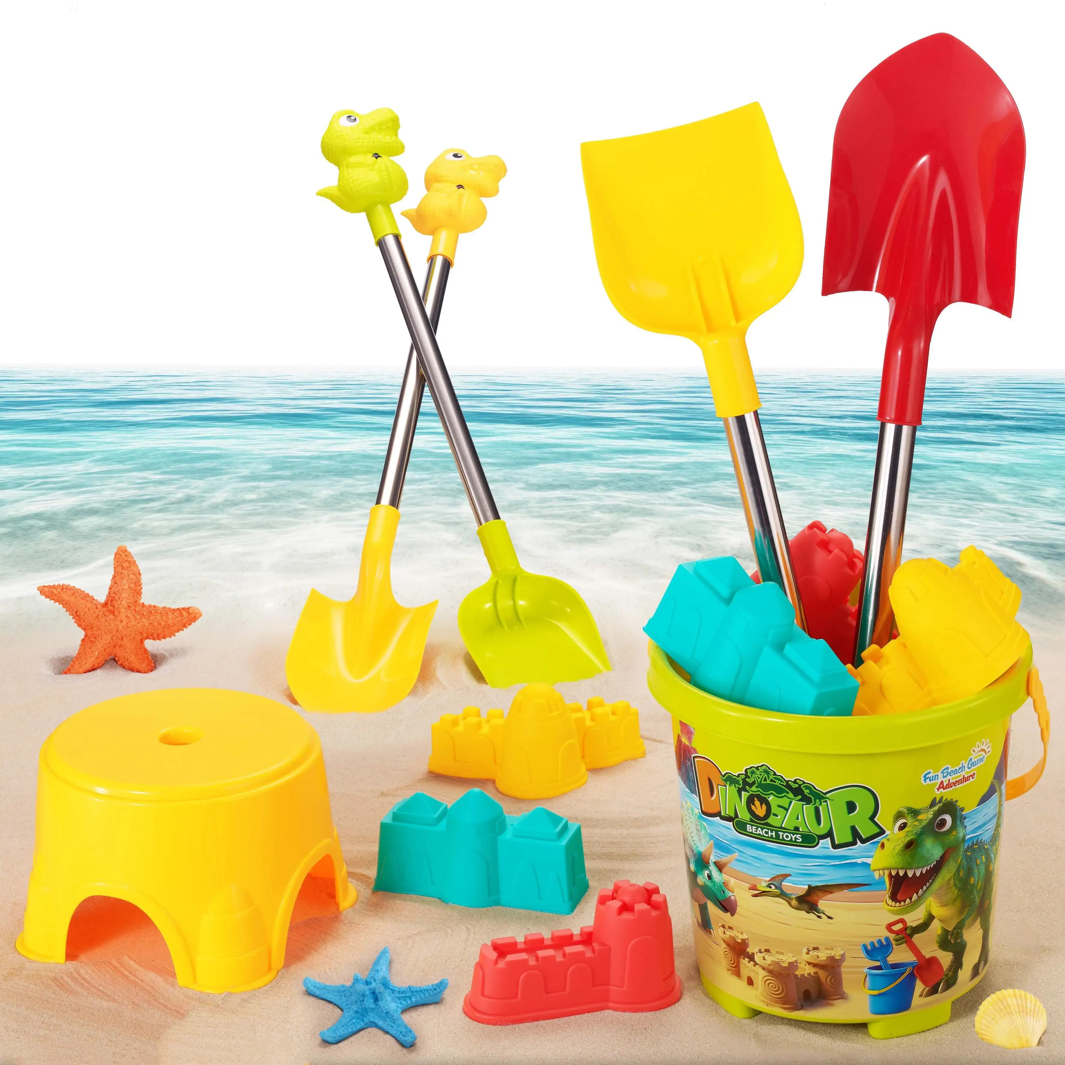 Set di 7 Giocattoli da Spiaggia a Tema Dinosauro, Secchiello per Sabbia Resistente con Pala, Kit per Giochi di Castelli di Sabbia per Attività all'Aperto, Giocattoli Estivi Ideali