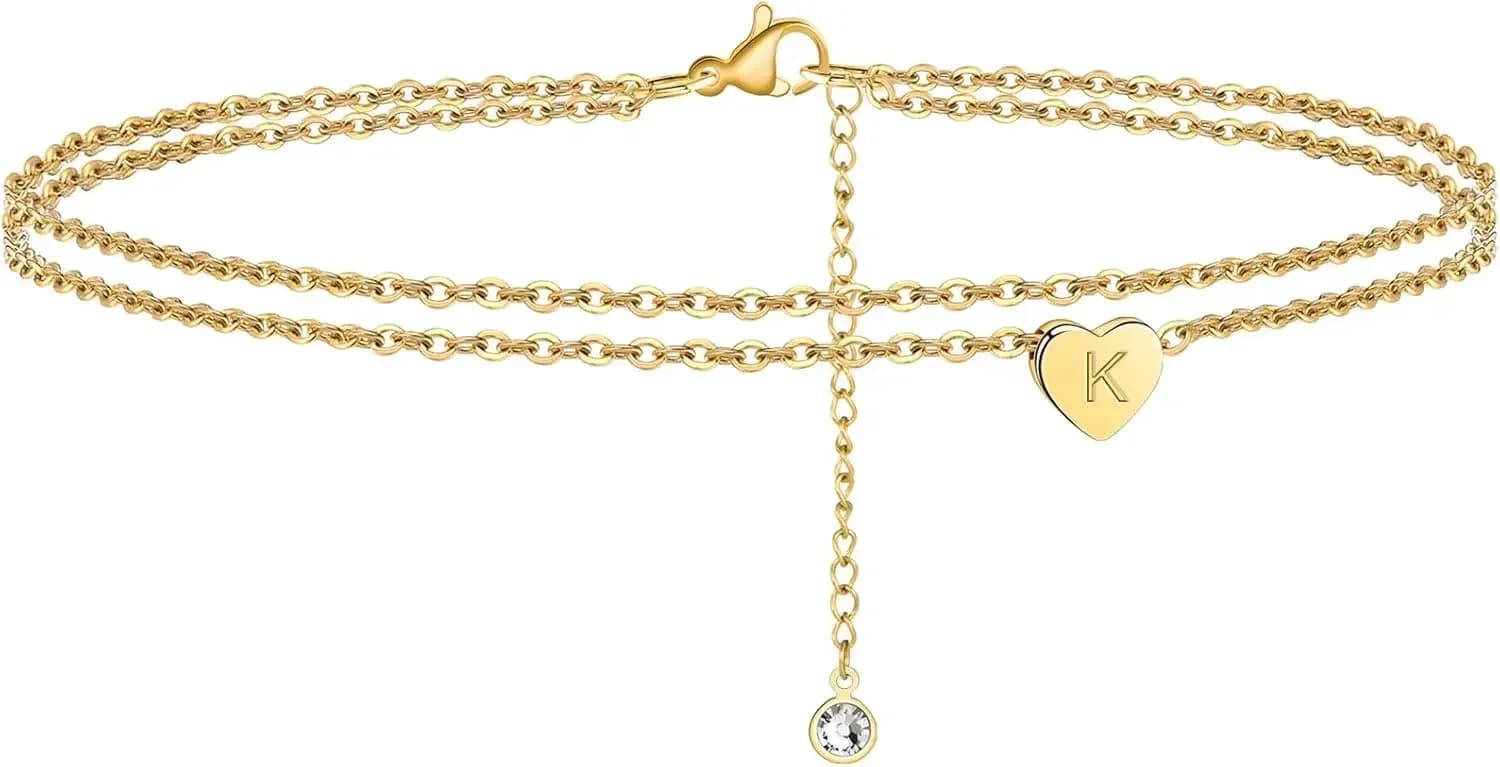 Cavigliere da Donna, Placcate in Oro 14K, Delicate e Stratificate con Cuore e Iniziale, Regalo per Donne