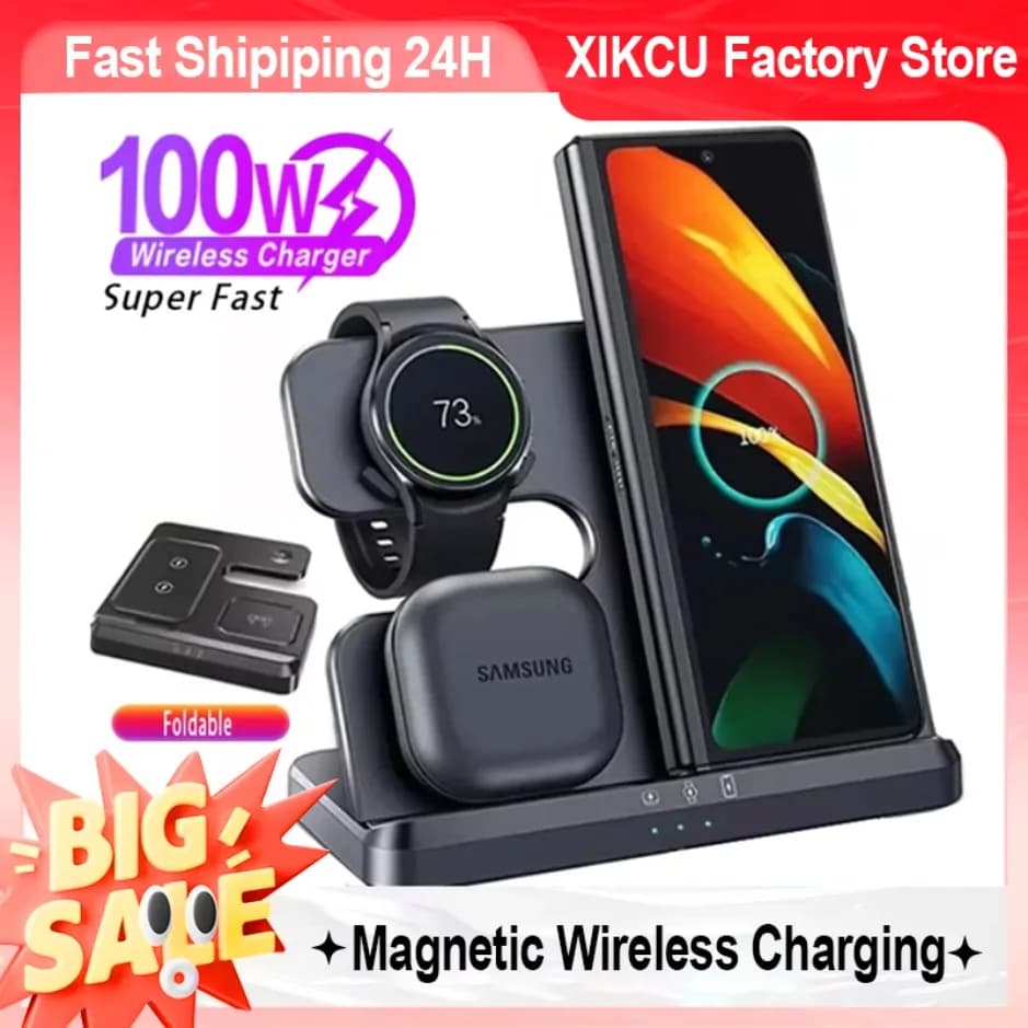 Super fast 100 W 3 in 1 magnetic wireless charger for Samsung, folding charging station for phone, smartwatch and earphones
