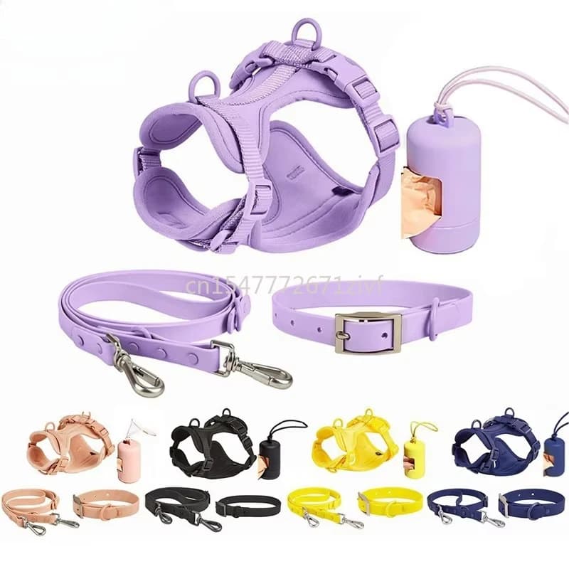 Set di collare e guinzaglio per cani di lusso in PVC impermeabile Set di pettorine per cani da compagnia regolabili in neoprene personalizzato con dispenser per sacchetti per cacca