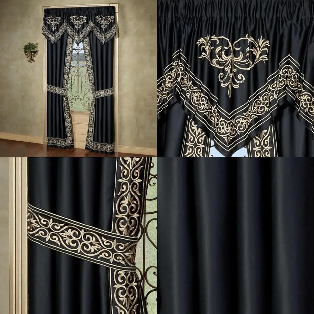 Luxury window treatment with elegant black satin and golden embroidery, design inspired by the palace for a touch of elegance