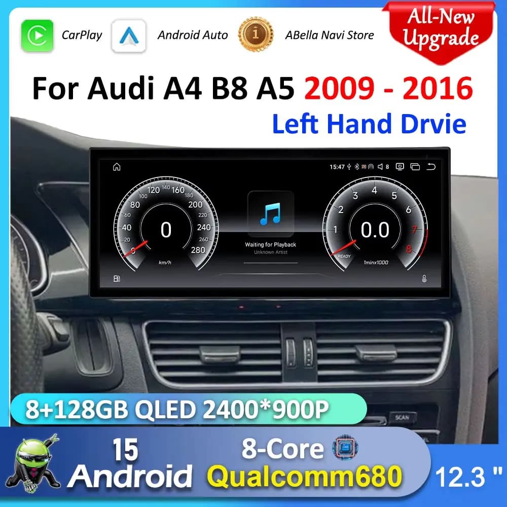 Autoradio Android 15 con schermo HD touchscreen 4G per Audi A4 B8 A5 (2009-2016) con navigatore GPS e Carplay, compatibile con guida a sinistra