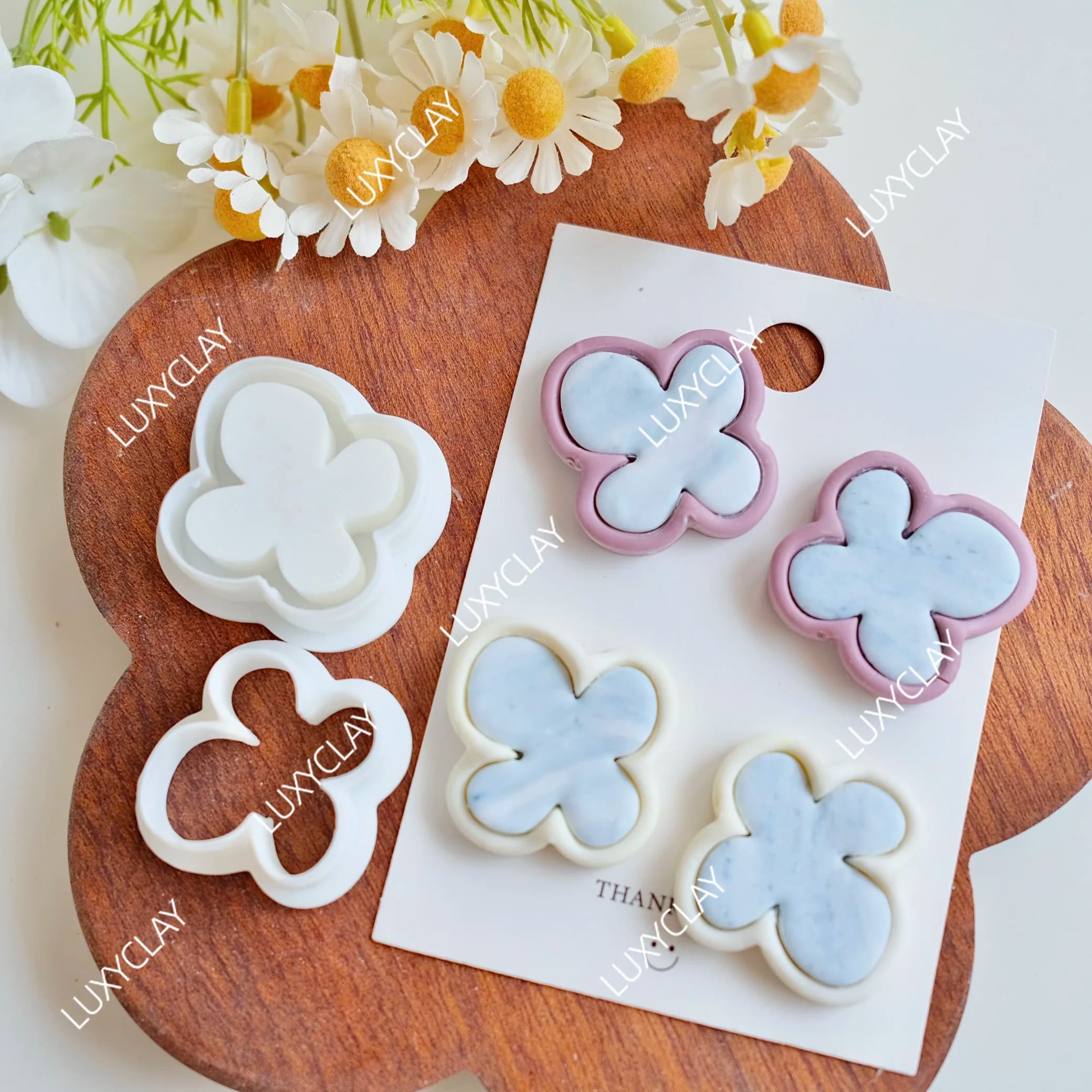 2pcs/set Boho Organic 4 Petals Flower Shape Polymer Clay Cutters & Stamps, Embossed Floral Clay Molds for Jewelry Earring Making