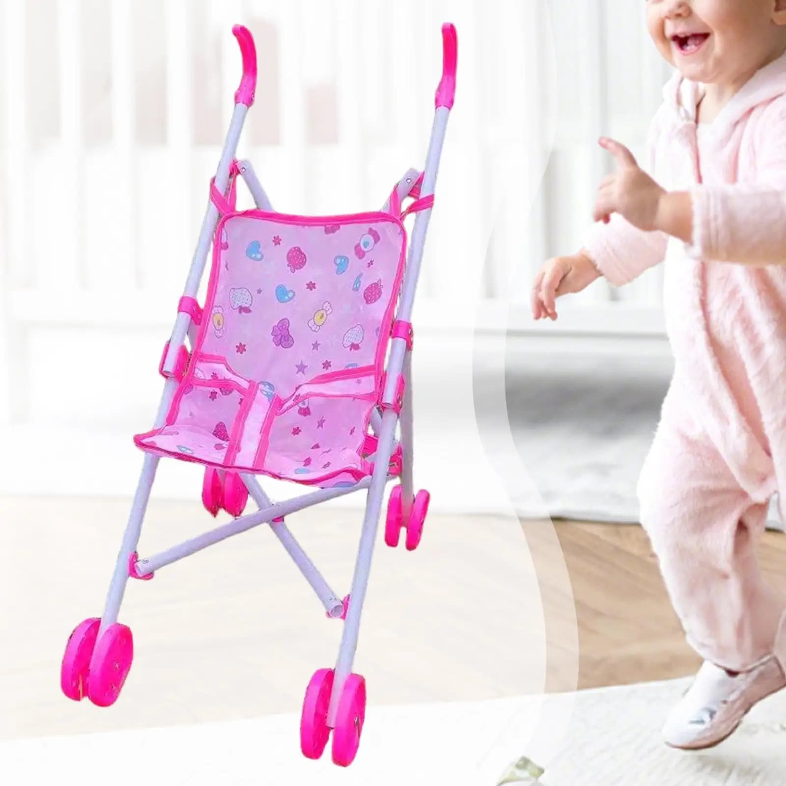 Passeggino Giocattolo per Bambole Rosa Pieghevole per Bambine, Carrozzina Interattiva per Gioco di Imitazione e Sviluppo Precoce