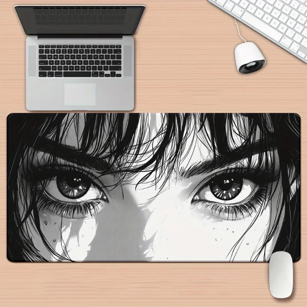 Tappetino da Scrivania con Occhi di Ragazza Manga Anime, Tappetino per Mouse Estetico in Bianco e Nero, Grande Mousepad Antiscivolo per Decorazione