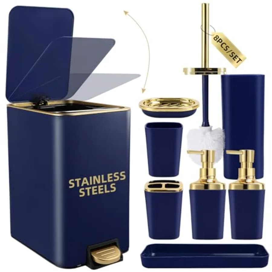 Set di Accessori per Bagno Blu Navy 8 Pezzi con Cestino in Acciaio Inox, Spazzola per WC, Set Spazzolino, Dispenser di Sapone in Blu Navy