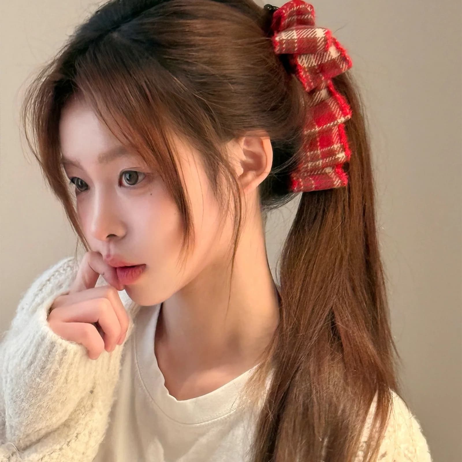 1PC Red Plaid Woolen Bow Banana Clip, Women's Ponytail Vertical Hair Accessory, Elegant Style for New Year