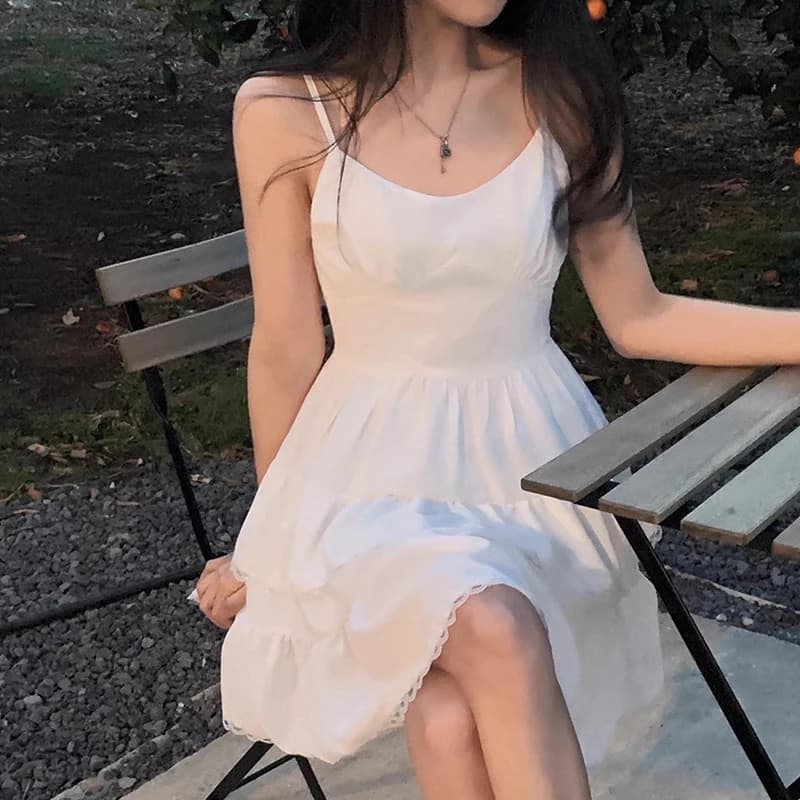 Chic Spring Summer Gentle Personali One-oulder Splice High Waist Slimming White Cake Dr Strapl Dr Women