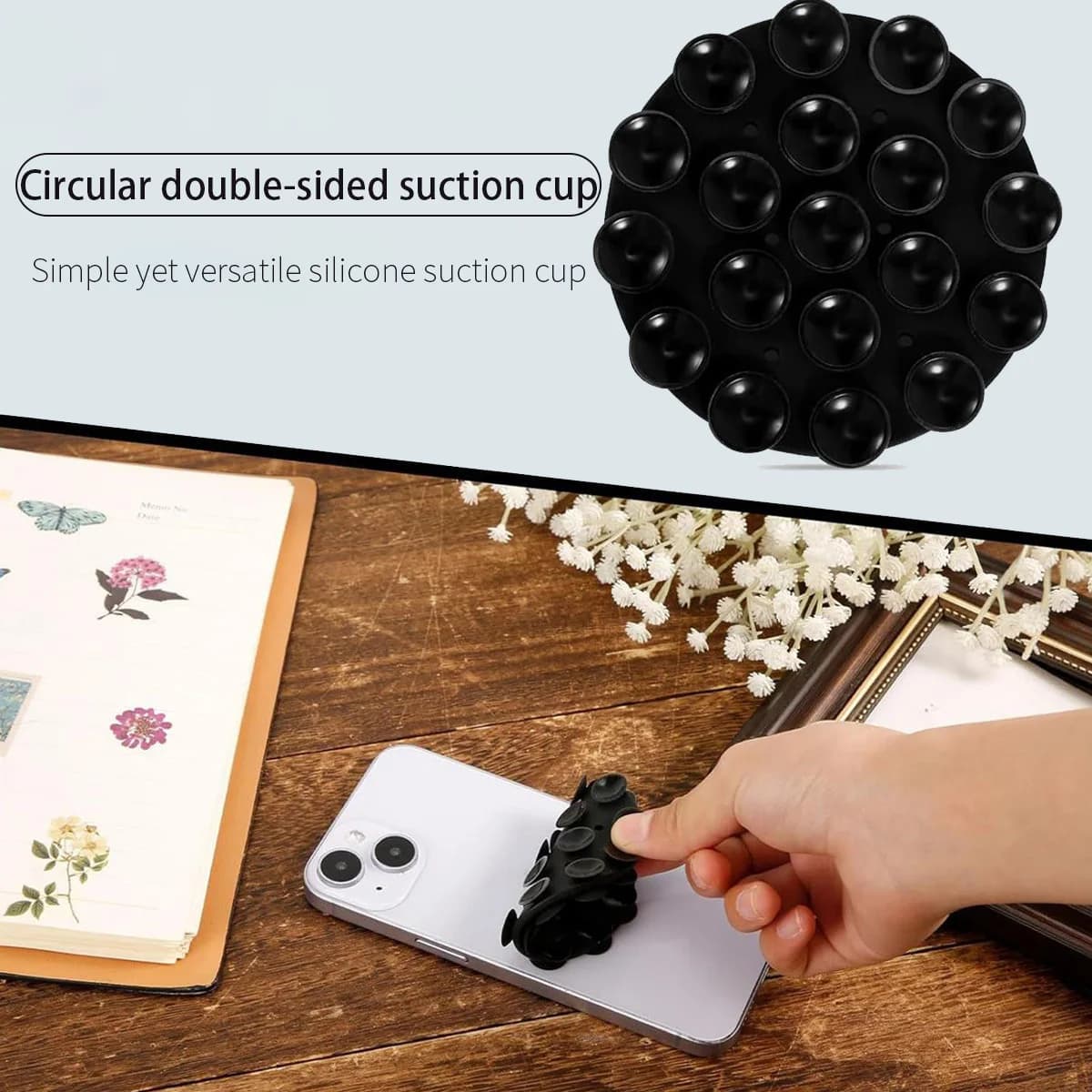 2Pcs Mobile Phone and Tablet Stand with Suction Cup, Silicone Non-Slip Holder, Multifunctional Selfie Tool, Adhesive Back Sticker, Suitable for Multiple Scenarios