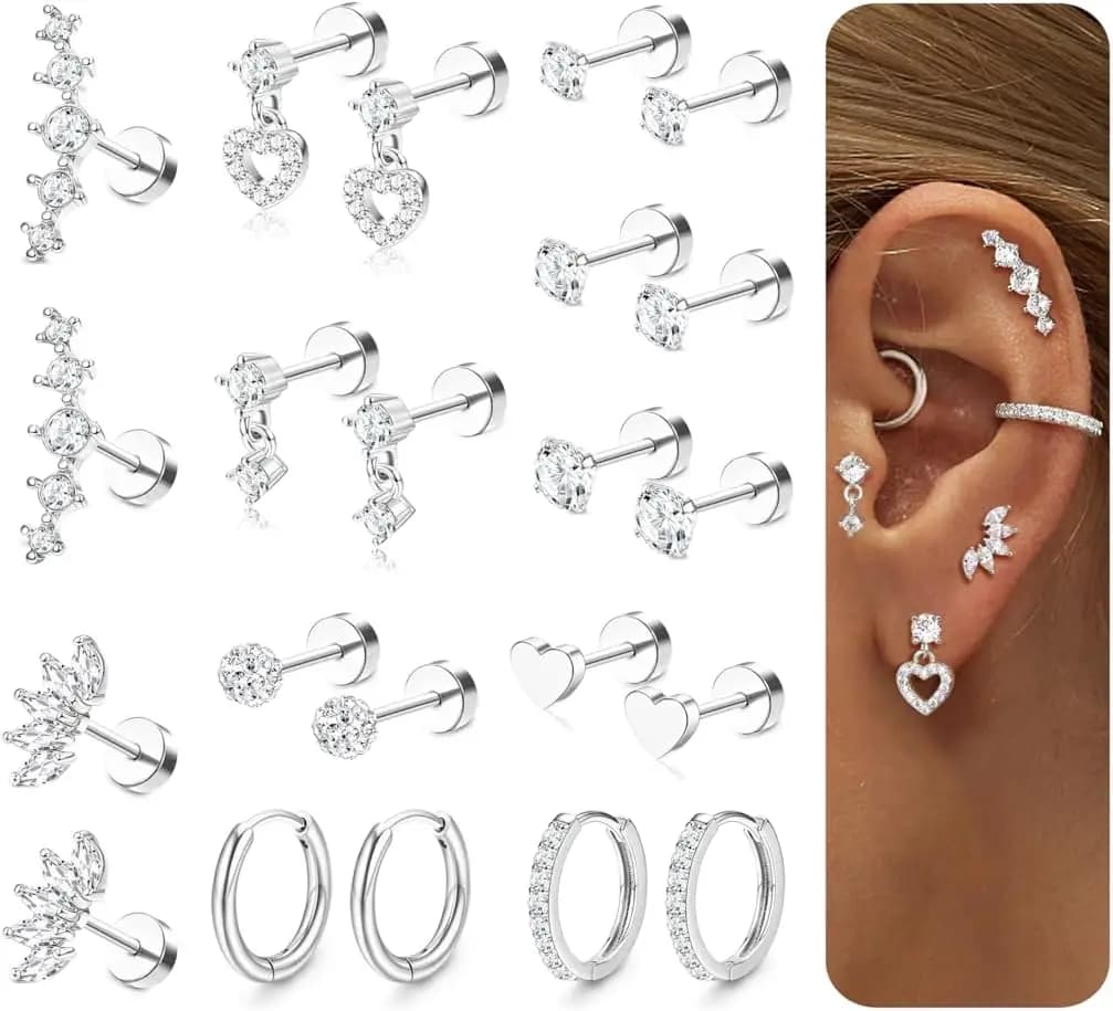 Drperfect Orecchini con retro piatto per donna Orecchini con cartilagine Pila 20G Set di orecchini a cerchio in acciaio chirurgico con perno Helix Piercing Jewelry