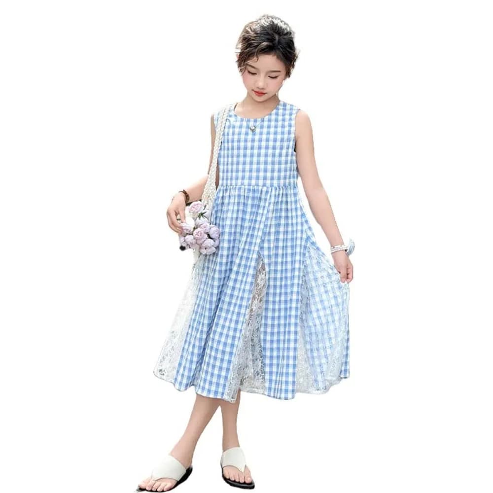 Stylish Kids Dress with Round Neck Long Sleeveless Princess Dress with Kids Grid Long Dress with Patchwork skirt for girls in mesh lace