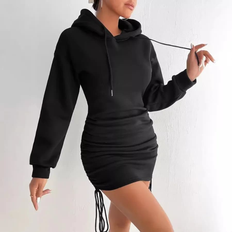 【Nuovo stile】 Abito con cappuccio e coulisse laterale, plissettato, alla moda autunnale, per donna