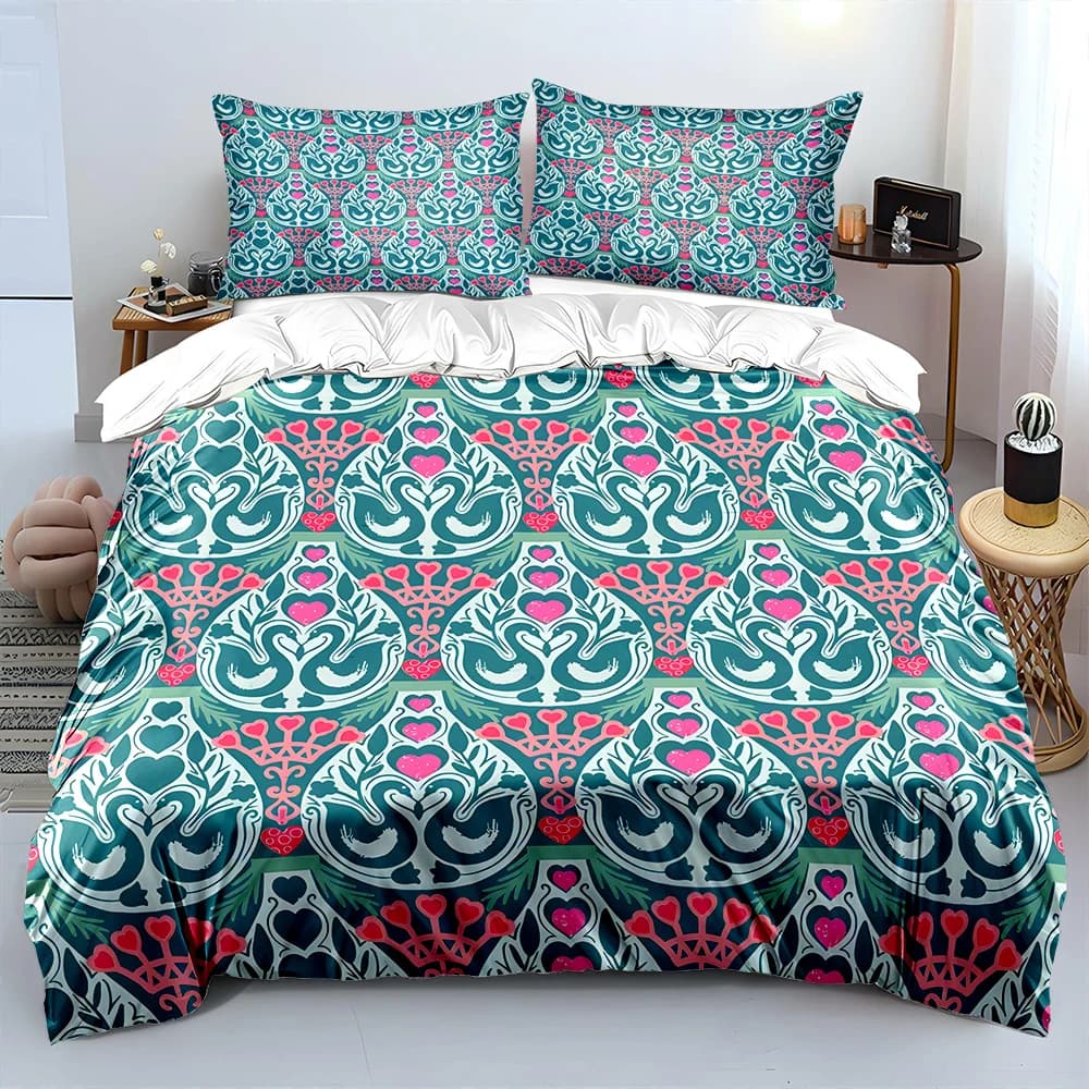Set di Biancheria da Letto con Motivo Ripetuto a Cigni e Cuori, 1 Copripiumino e 2 Federe per Adulti e Bambini, Regalo di Lusso, Misura Completa