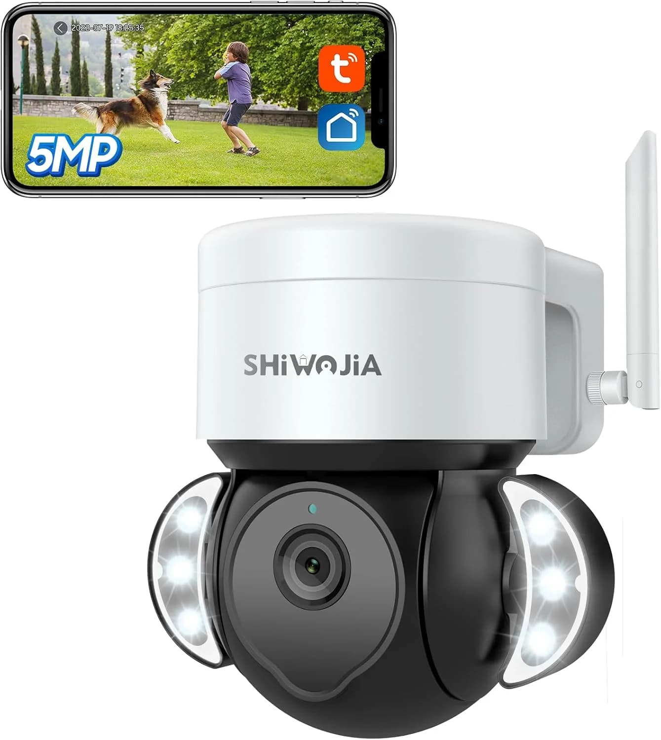 Telecamera di Sicurezza SHIWOJIA 6MP con Faretto WiFi Tuya Smart Life, Rilevamento Movimento AI, Audio Bidirezionale, Visione Notturna a Colori