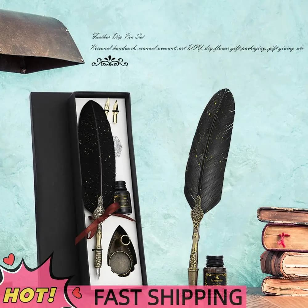 Calligraphy Feather Dip Pen with 2 Nib Set Quill Fountain Writing Creative Vintage Stationery Classic Texture Gift Box