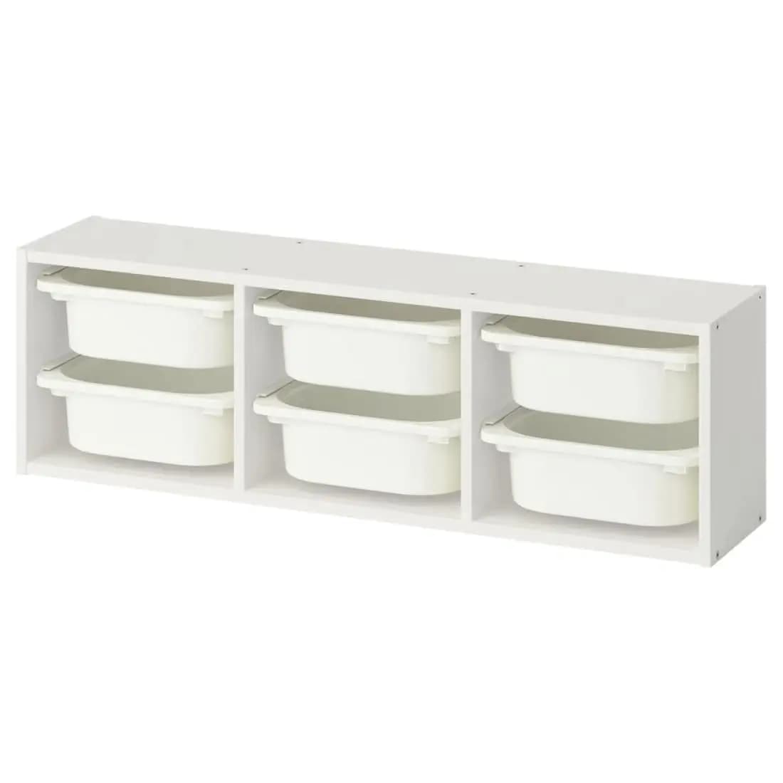Wall Storage Organizer with 6 Storage Boxes, White Plastic Toy Shelf Unit for Kids Room Playroom, 99x21x30cm, Customized