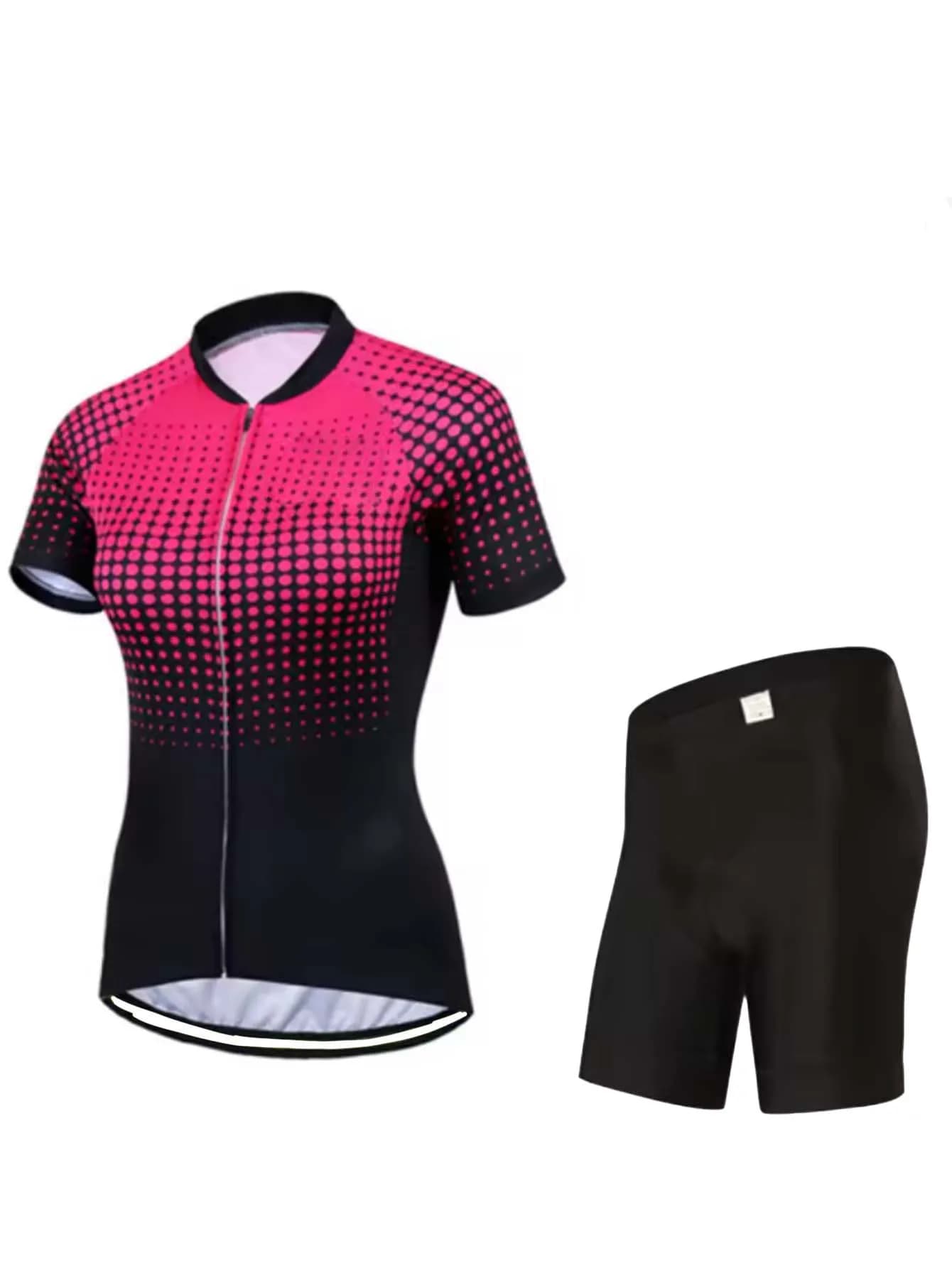 Women‘s Full Zip Cycling Jersey & Shorts Set, Crewneck Short Sleeve Breathable Quick Dry Lightweight