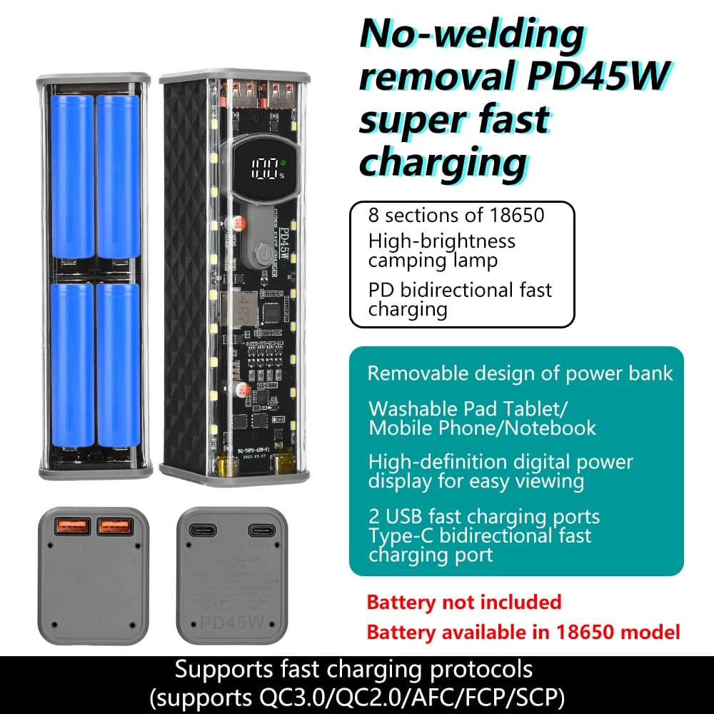 Custodia per Batteria 18650 a 8 Celle Senza Saldatura, Ricarica Super Veloce PD 45W, Guscio Trasparente per Power Bank con Luce Esterna