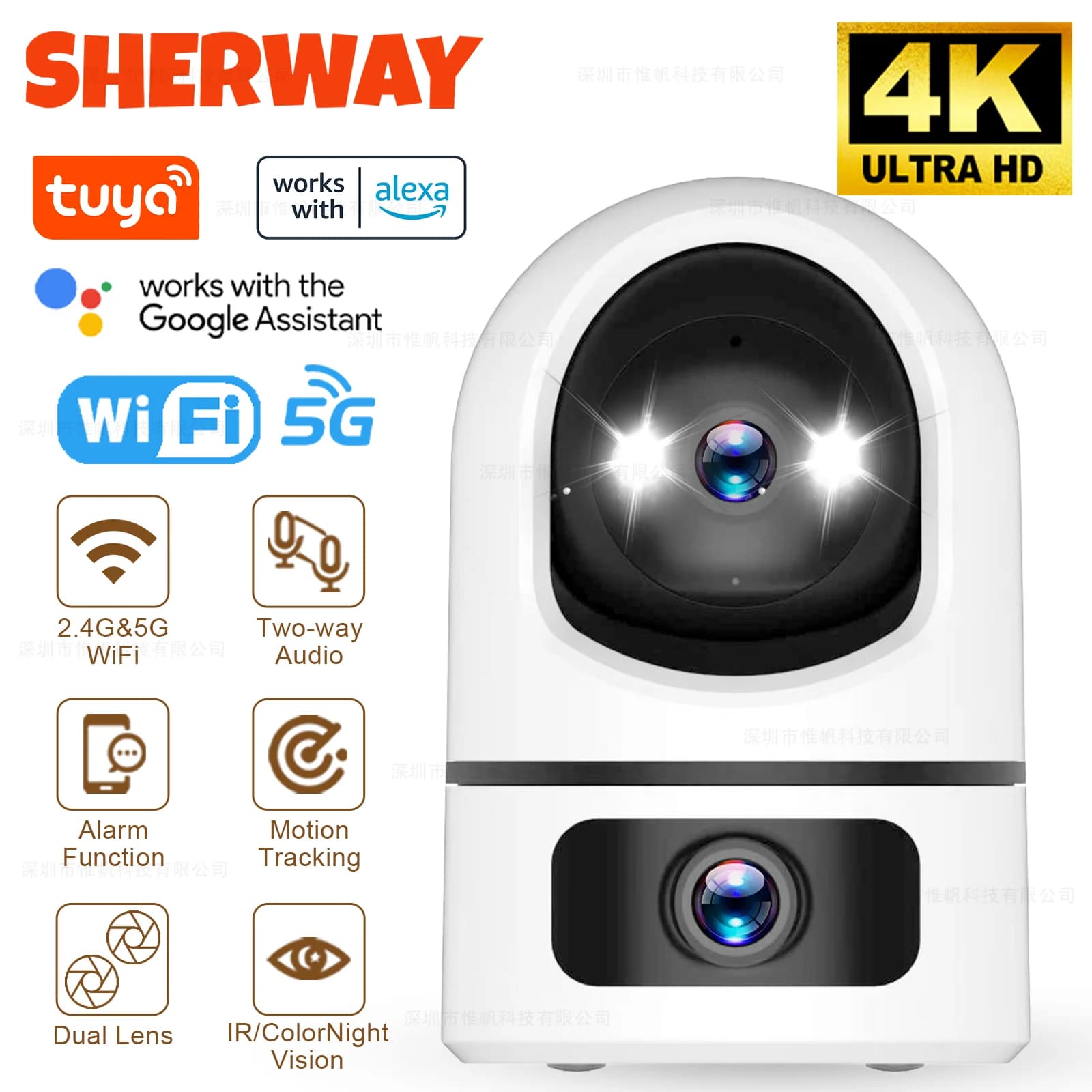 Telecamera di Sicurezza Tuya 5G WiFi a Doppia Lente per Interni 4K 8MP, Monitoraggio Automatico per Casa e Animali, Visione Notturna a Colori